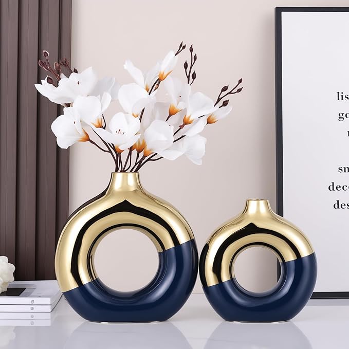 Blue and Gold Vase Decor Donut Vase Set of 2 - Circle Hollow Vases, Modern Matte Ceramic Vases for Entryway Living Room Bedroom Dining Table Centerpiece Office Home Decor