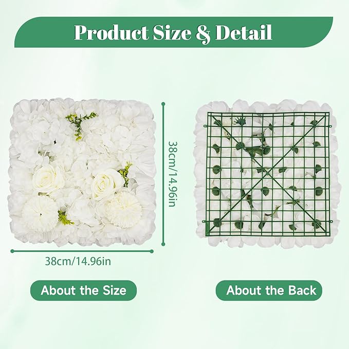 12Pcs Artificial Flower Wall Panel 3D Floral Backdrop Walls 15" X 15" Flower Wall Decor Flower Backdrop Faux Rose Panel for Party Home Background Decor, White