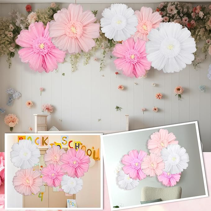 Giegxin 6 Pcs 31.5 " 24 " Pink and White Giant Paper Flowers Extra Large Pink Floral Tissue Paper Flowers Floral Decoration for Mexican Fiesta Wall Wedding Bridal Shower Birthday Decor
