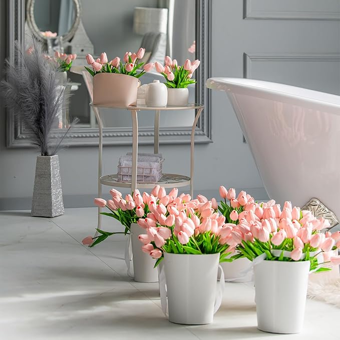 Real Touch Artificial Tulips, 20pcs Fake Tulip Flowers Stem, PU Faux Tulips 13.5” for Mother's Day, Home Decor, Wedding, Easter Valentine's Gift, Table Centerpieces, Floral Arrangements, Pink