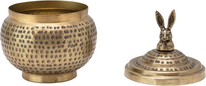Creative Co-Op Round Hammered Metal Container with Rabbit Finial, Brass Finish