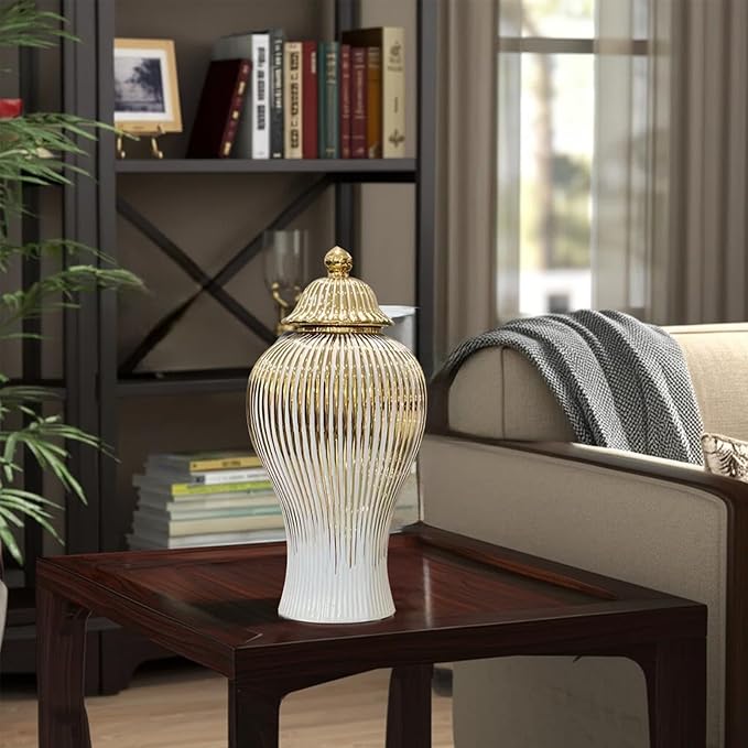 Ginger Jar, White Gold Ceramic Vase Large Handmade Porcelain Vases with Lid, White Gold Decorative Flower Vase for Home, Living Room, Weddings, Centerpieces (B-Large)