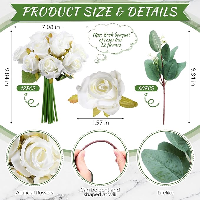 Zeyune 12 Pack Wedding Bridesmaids Bouquets 7 Inch Artificial Rose Bouquets Silk Flowers with Stems Fake Floral Bundles Bulk for Wedding Bridal Shower Party Centerpieces Home Decor(White)