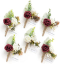 Ling's moment Boutonniere for Men, 6pcs Groom Groomsmen Boutonniere, Artificial Flowers for Wedding Decor/Prom/Homecoming, etc.Burgundy White