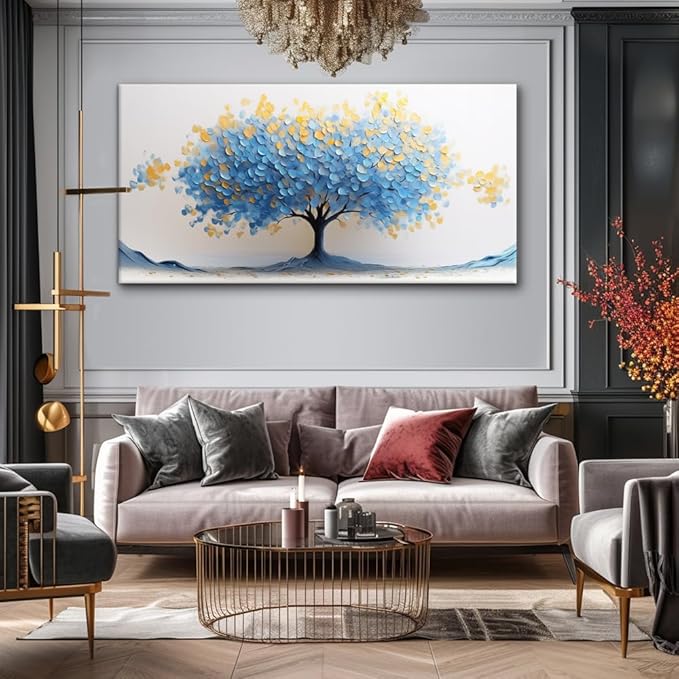 LAVIKARS Modern Tree of Life Wall Art for Living Room Office Navy Blue and Yellow Floral Abstract Landscape Canvas Painting Prints Large Nature Artwork Home Kitchen Bedroom Decor (16x30 Inches)