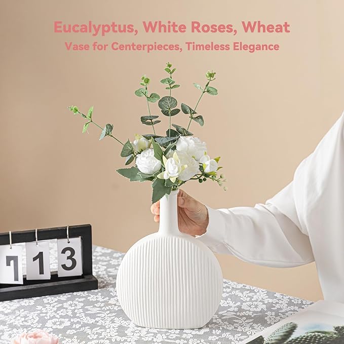 White Ceramic Vase with Vertical Fluted Texture - 9.8" Unique Flower Vase for Pampas Grass & Centerpieces, Decorative Boho/Farmhouse Vase for Living Room, Office Desk & Gift for Her/Yourself
