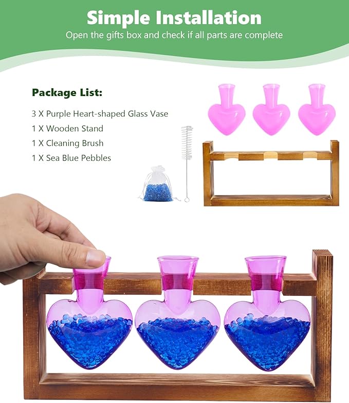 Nacome Plant Terrarium Propagation Stations: Christmas Gifts for Plant Lovers Women Mom Wife - Wooden Stand Tabletop Planter 3 Bulb Glass Vase Heart Shaped for Hydroponics Indoor Home Decor(Purple)
