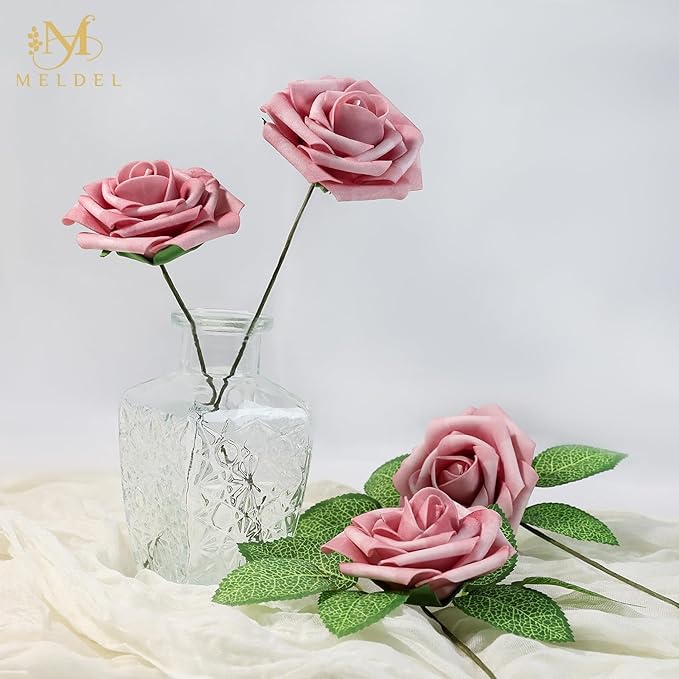 Meldel Artificial Flower 25pcs Real Touch Blush Pink Rose Fake Foam Roses with Stems for DIY Wedding Bouquets Gifts Bridal Shower Faux Floral Centerpieces Arrangements Home Party Tables Decorations