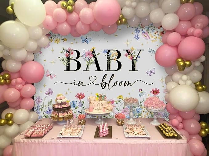 Mocsicka Baby in Bloom Backdrop Banner Wildflower Backdrop Decorations for Baby Shower 7x5ft Girls Floral Golden Dot A Little Wildflower is On The Way Baby Shower Decorations Banner