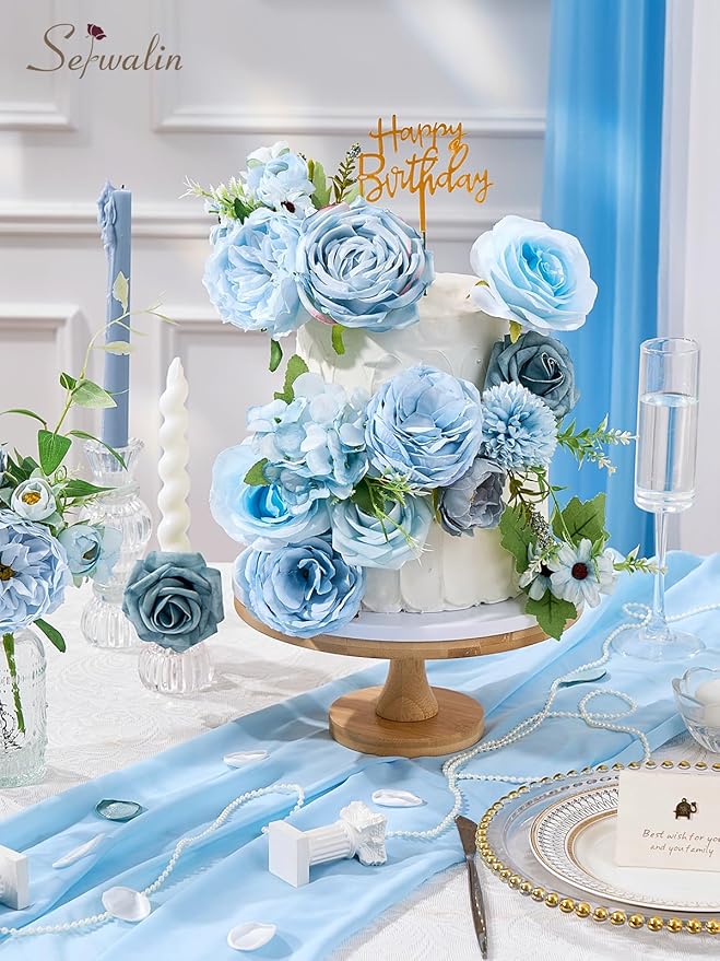 Serwalin Artificial Flowers,Blue Silk Fake Flowers Box for DIY Wedding Bridal Bouquet, Wedding Cake Flowers for Table Centerpieces Birthday Party Bridal Shower Home Decorations