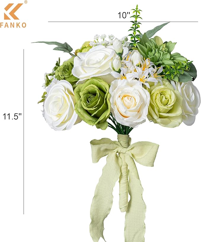 FANKO Artificial Flowers Green Rose, Mixed Silk Fake Flowers Combo Cream White Rose Green Dahlia Vintage Assorted Blooms for DIY Wedding Bridal Bouquets/Centerpieces/Home Decor