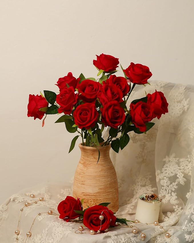LFF Premium Artificial Classic Red Roses - 50Pcs Realistic Velvet Faux Roses with Long Stems for Wedding Bouquets, Centerpieces, Proposals & Home Decor(Red)