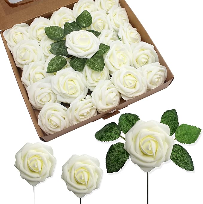 JOYLEX Artificial Flowers Realistic Roses, 25pcs Real Looking Fake Roses with Stem for DIY Wedding Bouquets Centerpieces Bridal Shower Party Home Romantic Decorations (25pcs, Milk White)