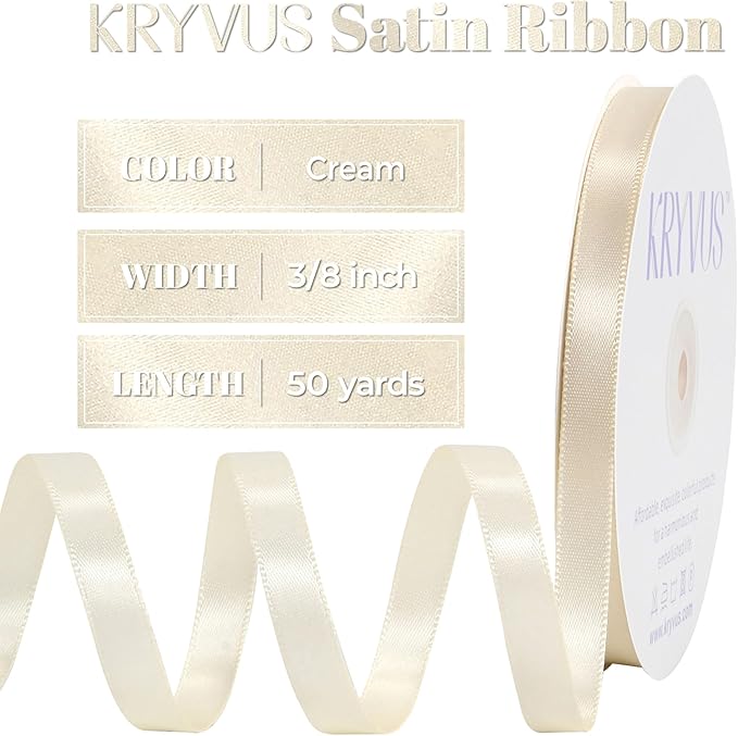Cream Satin Ribbon, Double Faced 3/8 Inch X 50 Yards Cream Ribbon, Premium Satin Ribbon for Gift Wrapping, Crafts, Hair Bow Making, Sewing, Flower Bouquet, Wedding Party Decor