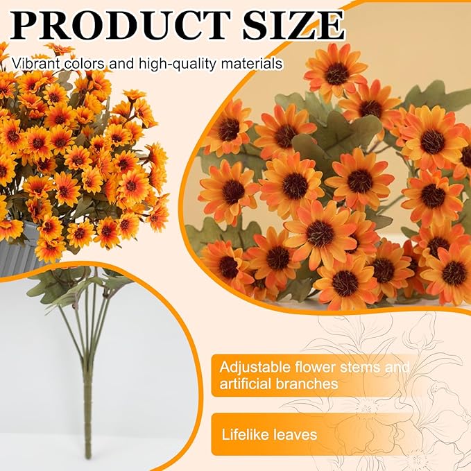 Artificial Mums, Artificial Sunset Mums, Artificial Outdoor Sunset Mum-s Flowers - UV Resistant, Waterproof, Windproof, Reflecting Autumn Vibe (Orange - 5 Bundle)