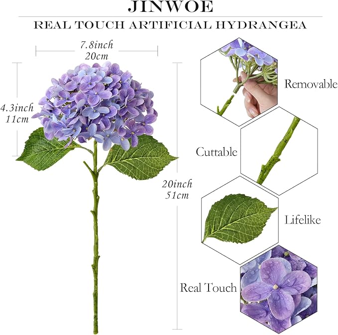 Bright Purple Boho Artificial Hydrangeas Flowers,4Pcs 20" Real Touch Lifelike Silk Artificial Hydrangeas, Full Fake Flowers for Bouquet Table Centerpieces Spring Wedding Indoor Home