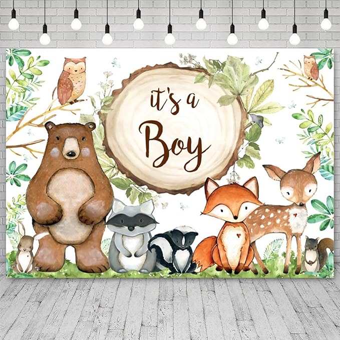 20x10ft Woodland Baby Shower Backdrop It's a Boy Photography Background Jungle Green Grass Leaves Animals Bear Fox Deer Baby Boys Party Banner Decorations Newborn Portrait Photo Booth Prop