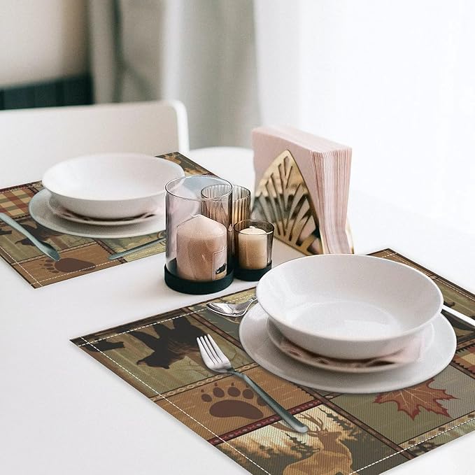 Retro Rustic Lodge Bears Placemats Set of 6, Vintage Cabin Farmhouse Country Style Place Mats, Heat Resistant Non Slip Cotton Linen Dining Table Mats for Home Kitchen 18x12 Inch