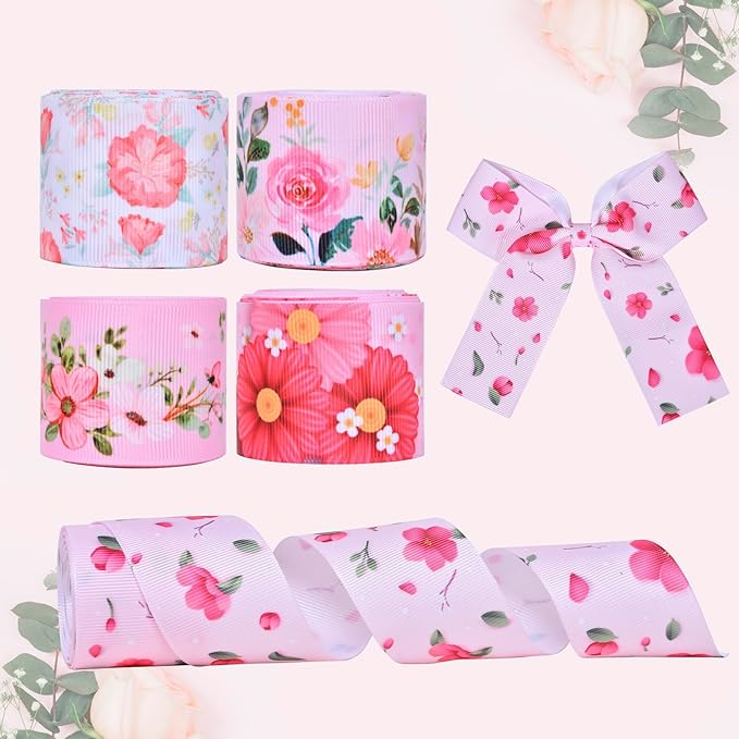 Floral Grosgrain Ribbon, 5 Rolls Flower Pattern Ribbon Spring Summer Fabric Decorative Craft Ribbon Roll for Gift Wrapping Decor Hair Bow Sewing Wreath Crafts (Pink Floral, 1-1/2Inch X 20Yards)