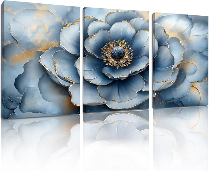 Kewhush Blue Wild Rose Canvas Wall Art, Floral Canvas Prints, Flower Blooming Set of 3 Pictures, Rose Wall Decor, Gold Accent Decor, Modern Artwork for Living Room, Bedroom (12" x 18" x 3 pcs)