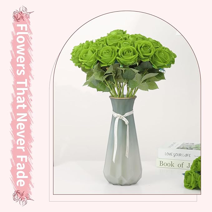 52 PCS Green Roses Artificial Flowers,Fake Green Roses Bouquet,Greens Artificial Silk Rose with Stems for Wedding Flowers Decoration, Valentines Day, Bridal Bouquet Rose,Wedding Decoration
