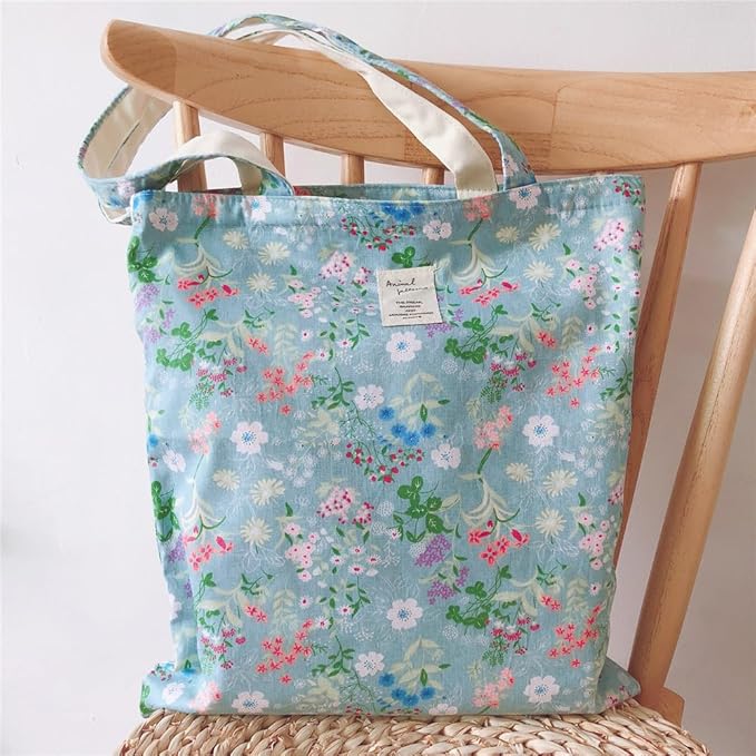 Cotton Canvas Tote Bag Reusable Soft Grocery Cloth Bag Floral Shoulder Bag for Beach Travel Shopping