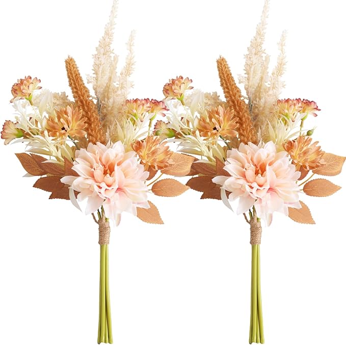 Fake Flower Bouquet, Faux Flower Arrangement for Decorating Kitchens, Bedrooms, Bathrooms, Realistic Artificial Flowers Made of Silk & Plastic, Floral Decoration with Dahlia & Small Blossoms
