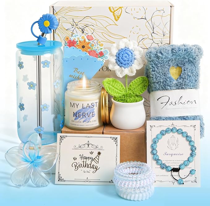 Christmas Birthday Gifts for Teen Girls,Women, Her, Happy Birthday Gift Baskets for Girls Best Friend Sister, Unique Woman Gifts Box for Daughter Girlfriends,14pcs Myosotis Teenage Gift Set(Blue)
