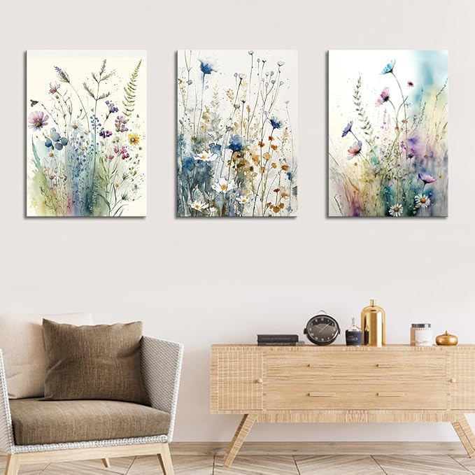 dgbtcart Colorful Flower Canvas Wall Art Set, Watercolor Daisy Floral Wall Decor, Wildflower Plant Wall Painting, Multicolour Botanical Art Print for Living Room Girls Bedroom Bathroom - 16"x24"x3pcs