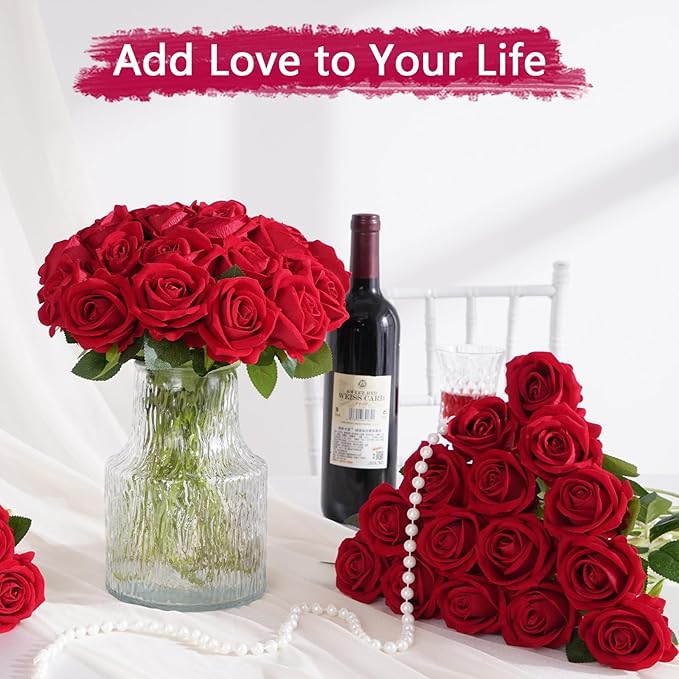 BLEUM CADE 100 Pcs Red Roses Artificial Flowers, Real Touch Velvet Roses Fake Flowers Bulk, Artificial Roses Bouquet with Long Stems Bridal DIY Wedding Party Centerpiece Decorations