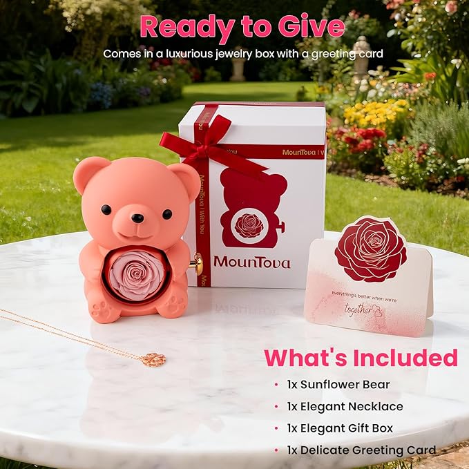 Cute Teddy Bear with Preserved Rose - A Real Rose Flower in Bear with Elegant Gift Box Romantic Gift for Mother's Day, Weddings, Anniversaries, Bridal (Pink)
