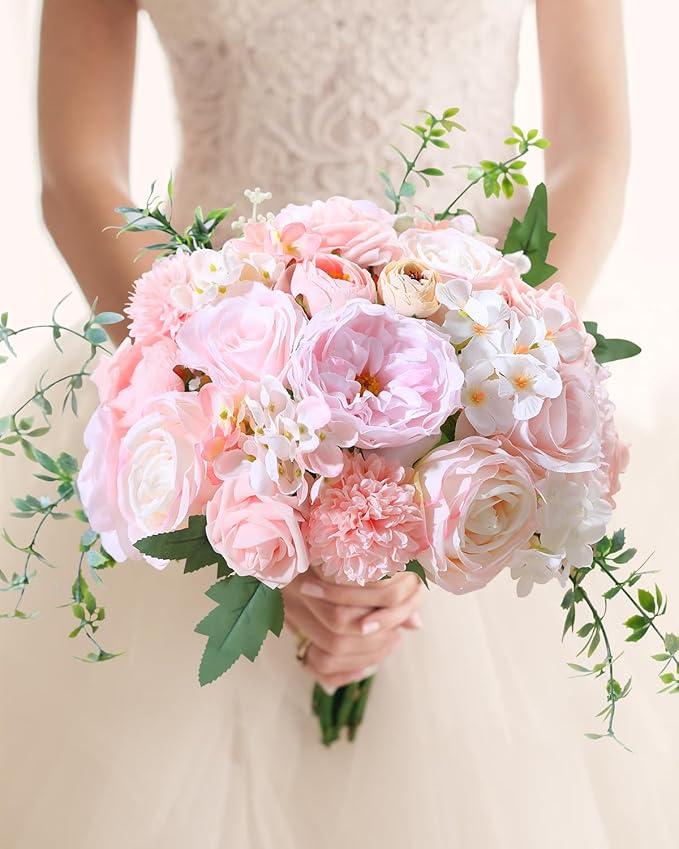 Senseya Artificial Flowers Combo, Blush Pink Silk Roses, Peonies, Dahlias with Stems for DIY Wedding Bouquets, Baby Shower, Table Centerpieces, Home Decor, Fake Floral Arrangements, Party Decorations