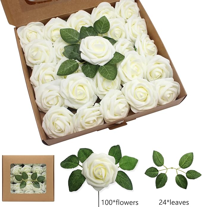 Artificial Roses Flowers 100pcs Milk White Real Looking Foam Fake Roses with Stems for DIY Wedding Bouquets Bridal Shower Centerpieces Party Decorations (100, Milk White)