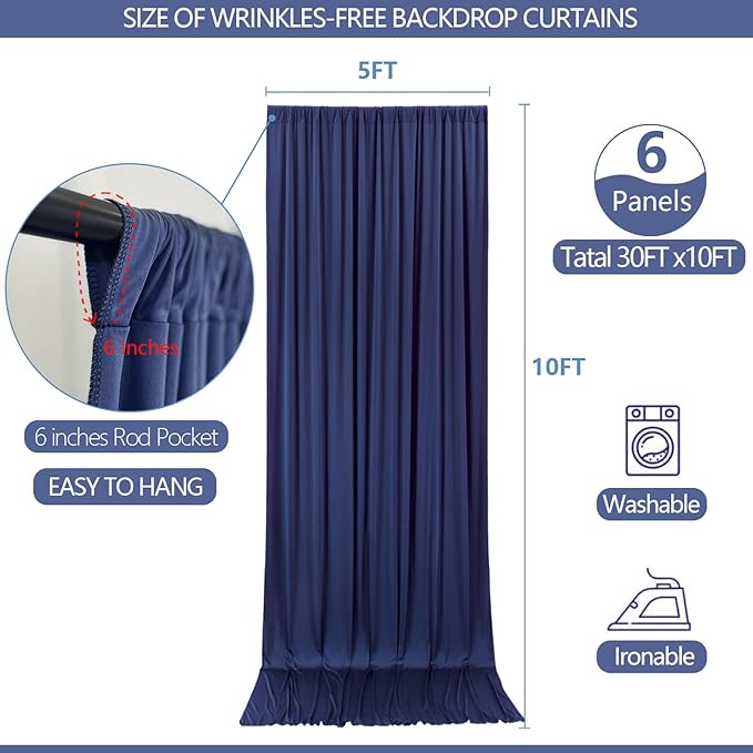 30x10ft Wrinkle Free Navy Blue Backdrop Curtain for Parties Soft Fabric Drapes Wedding Curtain Backdrop for Birthday Party Decorations Background for Photography 5x10ft, 6 Panels