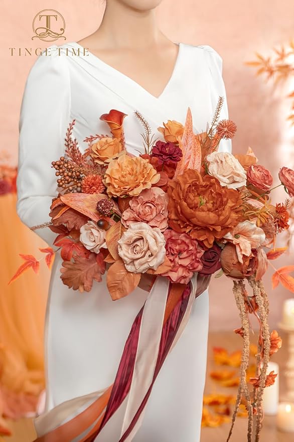 TINGE TIME 13 inch Maple Red Wedding Bouquets for Bride, Bridal Bouquet for Bride, Artificial Silk Rose for Graduation Bouquet, Fake Flowers for Fall Wedding Ceremony and Anniversary