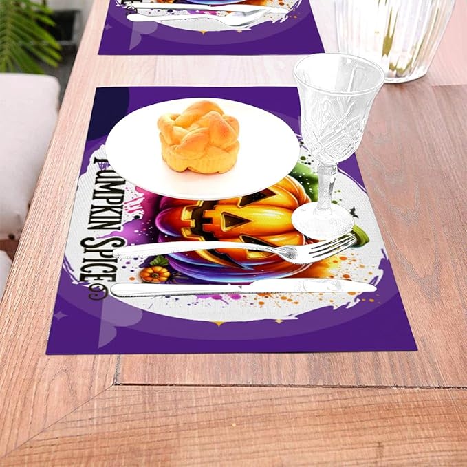 PVC Placemats Set of 4 Wipeable Table Mats Washable Heat Resistant Non Slip Vinyl Dining Table Mat for Kitchen Indoor Outdoor Patio Farmhouse Place Mats Funny Purple Halloween Pumpkin Decorative
