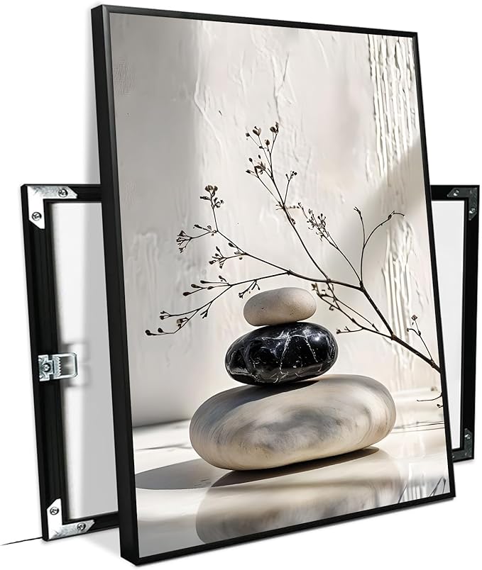 Gray and black stone pile and dried flowers poster canvas wall art in harmony Minimalist wall art for tranquil homes and mindful spaces 16x24in Metal blackFramed