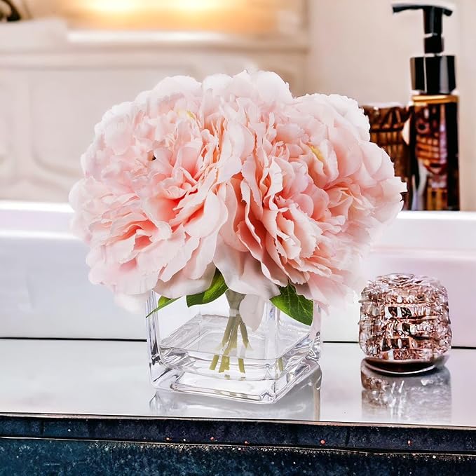 Enova Home Artificial Peony Flowers Arrangements in Cube Glass Vase with Faux Water for Home Table Wedding Centerpiece Decor (Pink)