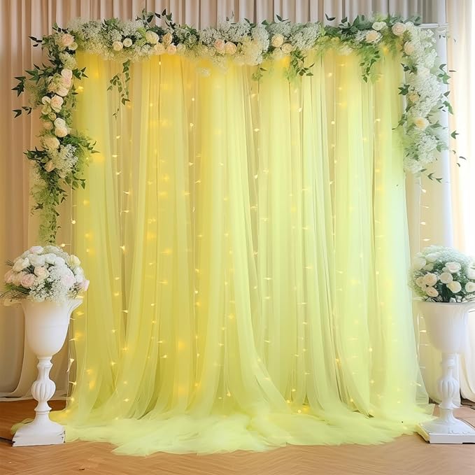 30ft x 10ft Yellow Backdrop Curtain with Lights String for Parties, Sheer Tulle Wedding Photo Backdrops Drapes for Baby Shower Birthday Party Decorations Background for Photography