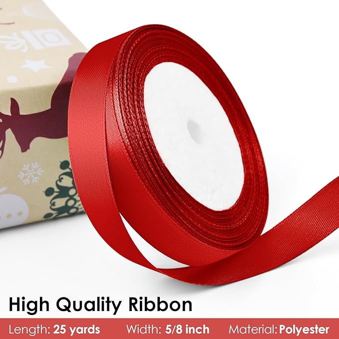 25 Yards 5/8 inch Satin Ribbon, Solid Color Fabric Ribbon Perfect for Gift Wrapping, Wedding, Handmade Bows, Floral Bouquets and Party Decoration(red)
