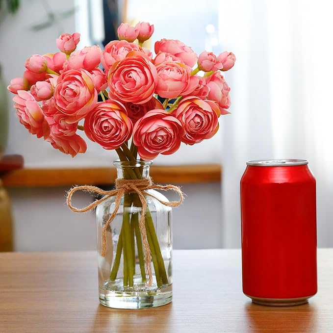 Ranunculus Artificial Flowers with Vase, 2 Pack - 8 Pcs Faux Silk Ranunculus Flower in Vase, Small Flowers Arrangements for Home Decor Indoor, Table Centerpiece. (Coral)
