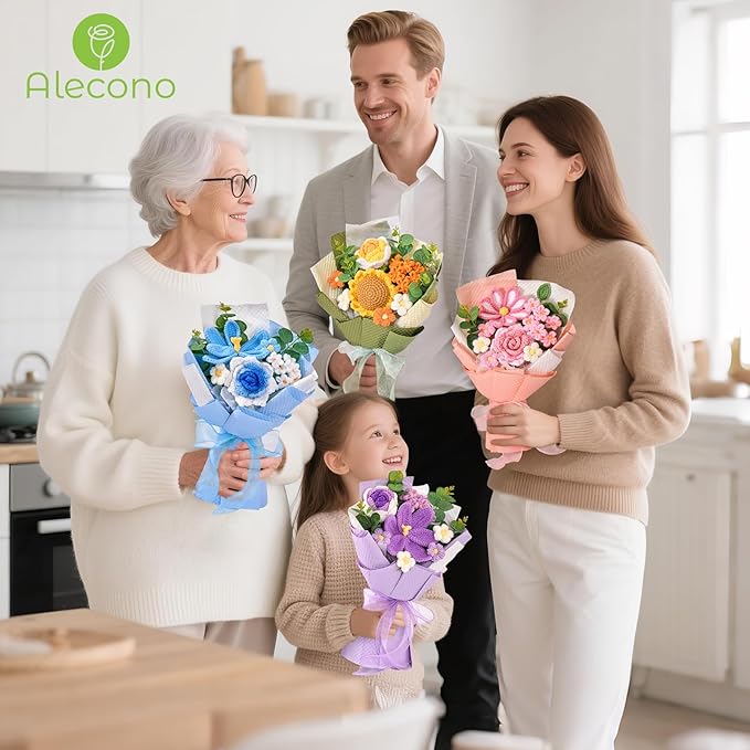 Alecono Crochet Flower Bouquet, Knitted Flowers, Purple Handmade Bouquet of Flowers for Lover Anniversary Birthday Party Mother's Day Graduation Gifts (Include Card)