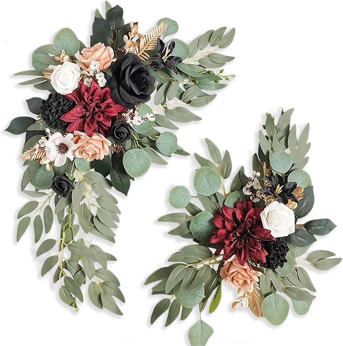 Red Black Wedding Arch Flowers, Faux Flower Swag Set of 2, Red Floral Swag for Wedding Arch Welcome Signs, Reception Ceremony Signs Decor