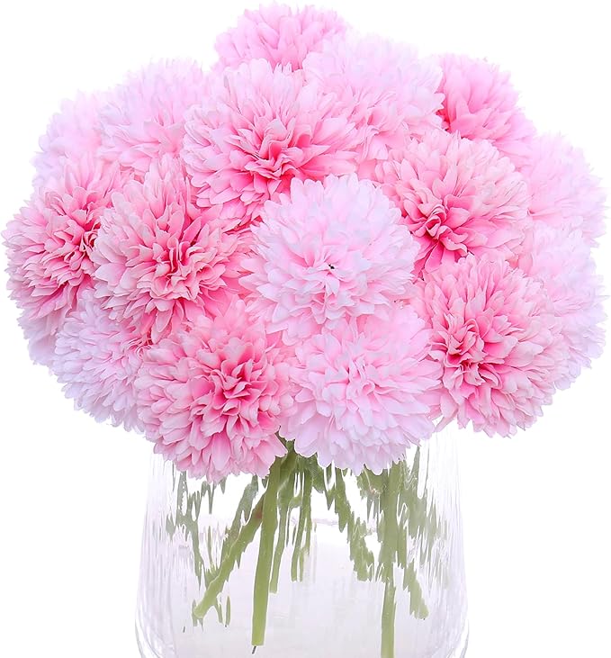 Kimura's Cabin 20Pcs Fake Mums Flowers Artificial Silk Ball Flower Faux Chrysanthemum Wedding Arrangements Bouquets Home Garden Table Centerpieces (Pink Light Pink)