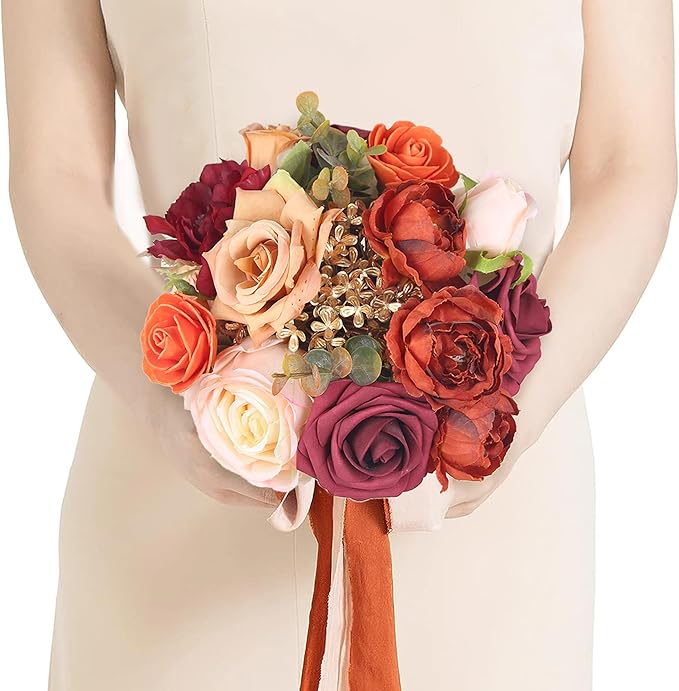 Rinlong 1Pc Fall Wedding Bouquets for Bridesmaids Bride Burnt Orange Terracotta Bridesmaid Bridal Bouquet for Wedding Prom