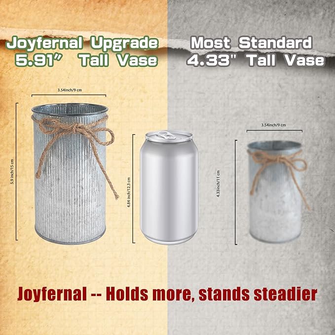 6" High Vase Centerpiece for Table, Rustic Farmhouse Mason Jars with Twine Bow, Vintage Galvanized Metal Flower Container for Wedding Home Decor (Silver, 12Pcs)