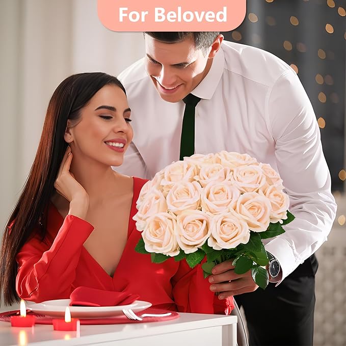 BLEUM CADE 100 Pcs Champagne Roses Artificial Flowers, Real Touch Velvet Roses Fake Flowers Bulk, Artificial Roses Bouquet with Long Stems Bridal DIY Wedding Party Centerpiece Decorations