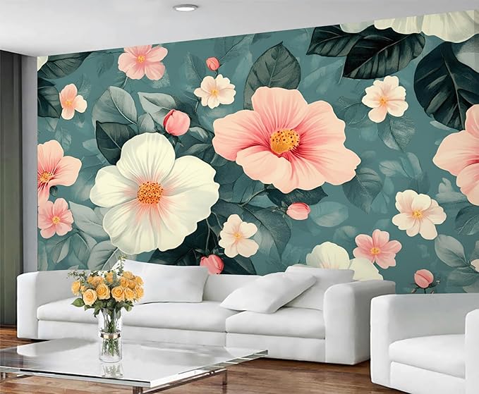 Vintage Hibiscus Flower Wall Mural, Romantic Floral 3D Wall Murals, Botanical Bloom Design Wallpaper Mural, for Living Room Bedroom Large Wallpaper Indoor Decor 169.3" W x118.2 H
