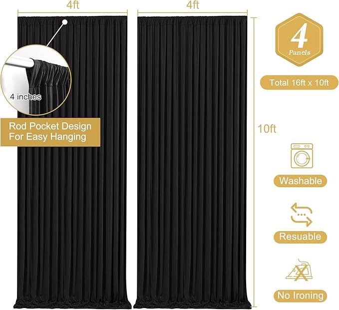 Wish Care Black Backdrop Curtain 4 Panels - Wrinkle-Free Polyester Photography Drapes for Wedding & Party - 16 X 10FT