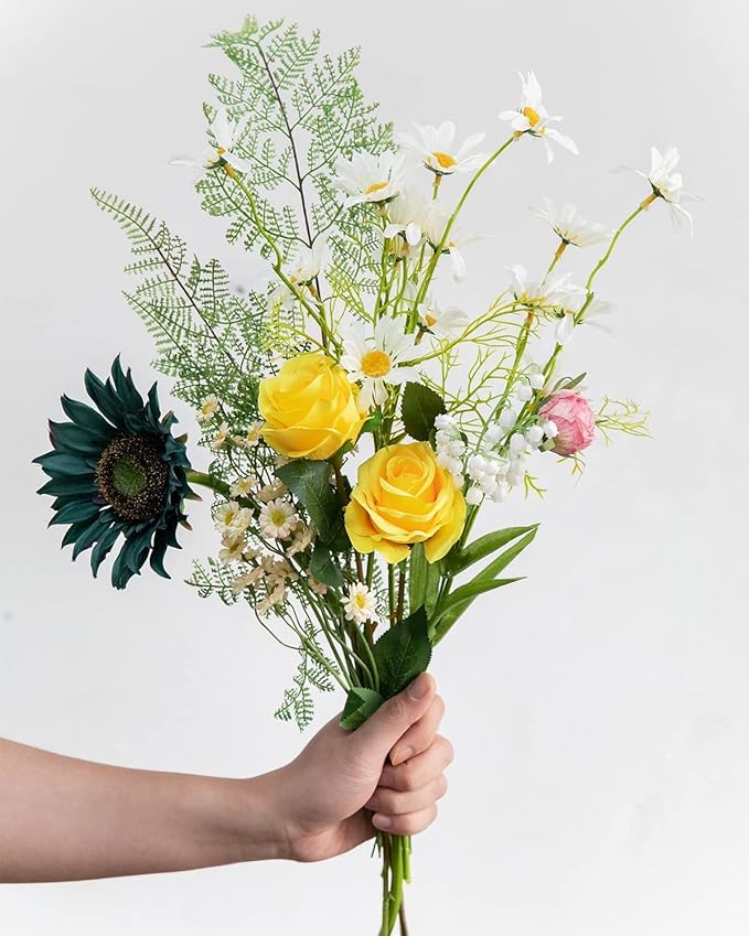 DuHouse 10pcs Fake Roses Artificial Silk Flowers Faux Rose Flower Long Stems Bouquet for Arrangement Wedding Centerpiece Party Home Kitchen Decor(Pure Yellow)